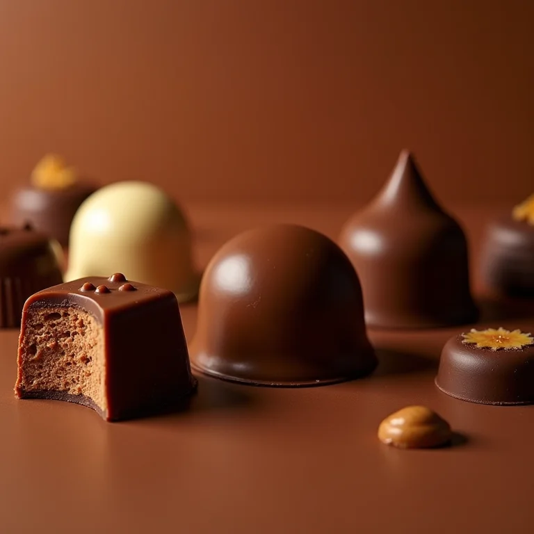 Chocolates Nugali sortidos, com foco nas texturas e cores.