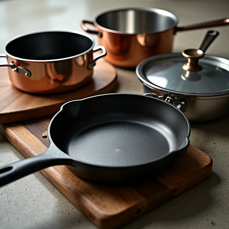 Close-up de diferentes materiais de panelas.