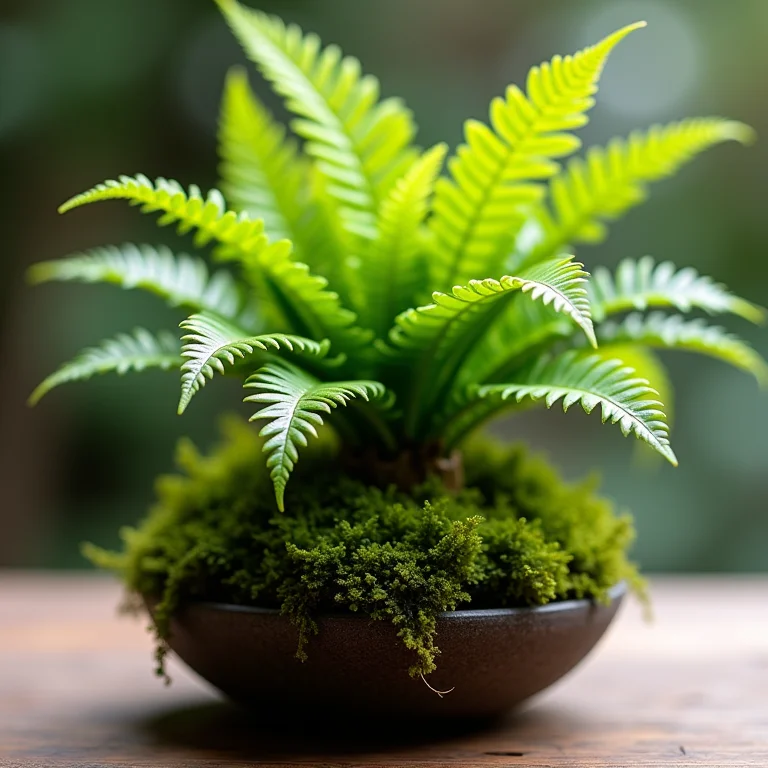 Close-up de kokedama com samambaias, detalhe da textura do musgo