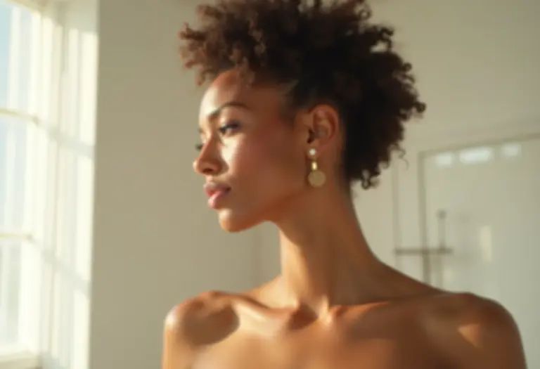 Close-up de uma mulher radiante com pele natural, em um banheiro iluminado.