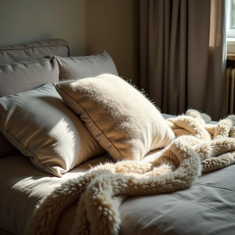 Cobertor de lã áspero e almofada sintética desconfortável