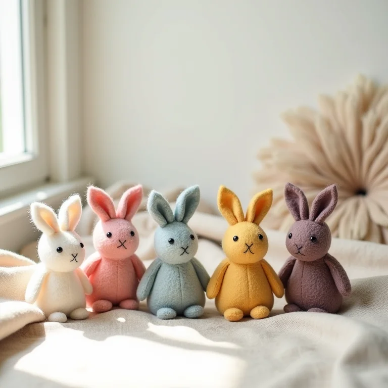 Coelhinhos de feltro coloridos em tecido texturizado.