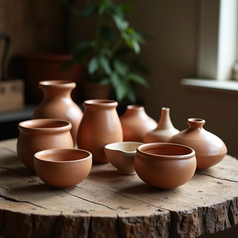 Coleção de cerâmicas artesanais em tons terrosos