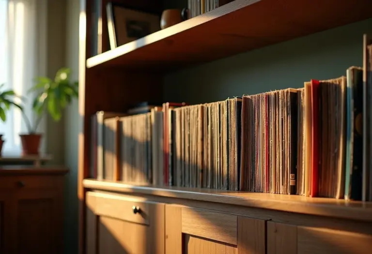 Coleção de discos de vinil organizada em estante