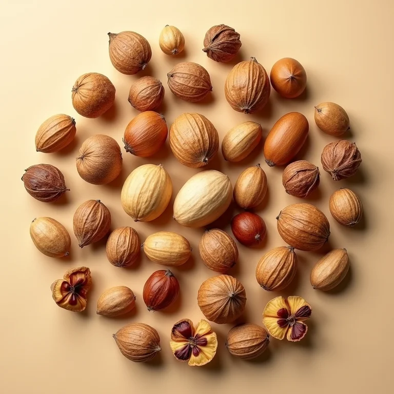 Coleção de nozes e sementes dispostas esteticamente