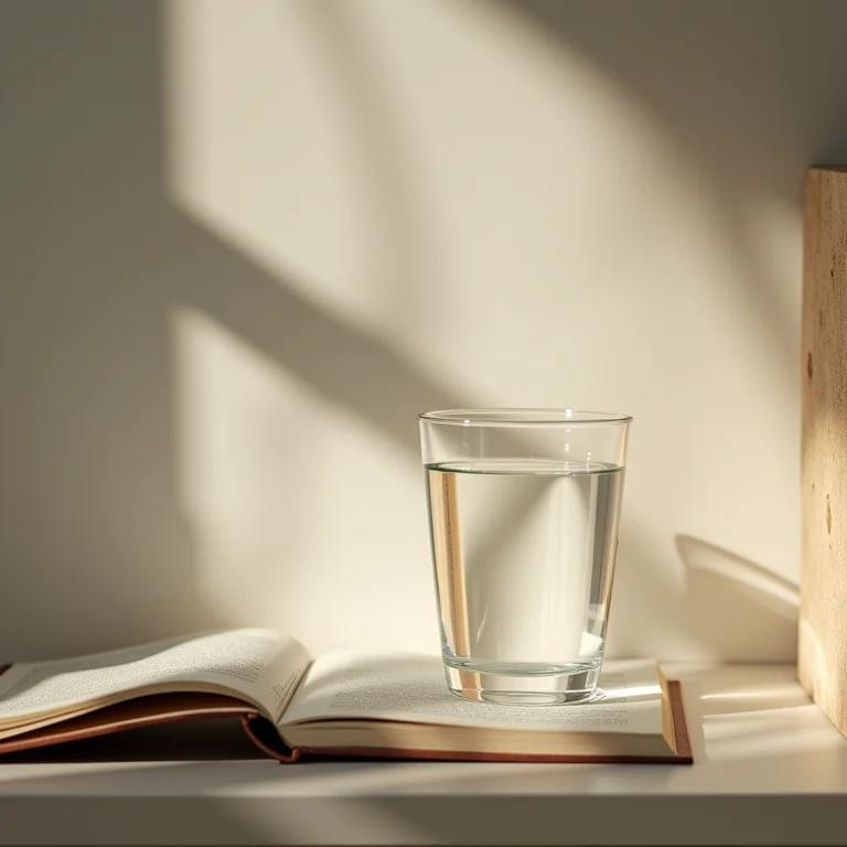 Copo de água ao lado de livro infantil em mesa de cabeceira.