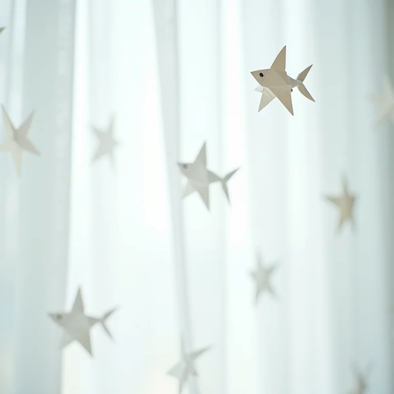 Cortina decorada com origamis de animais marinhos