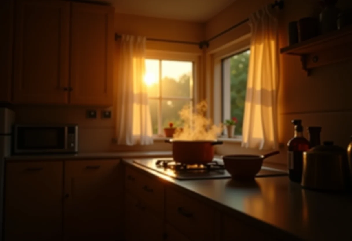 Cozinha aconchegante com panela fumegante no fogão.
