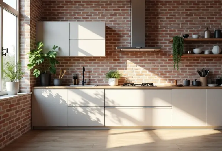 Cozinha americana moderna com parede de tijolinhos