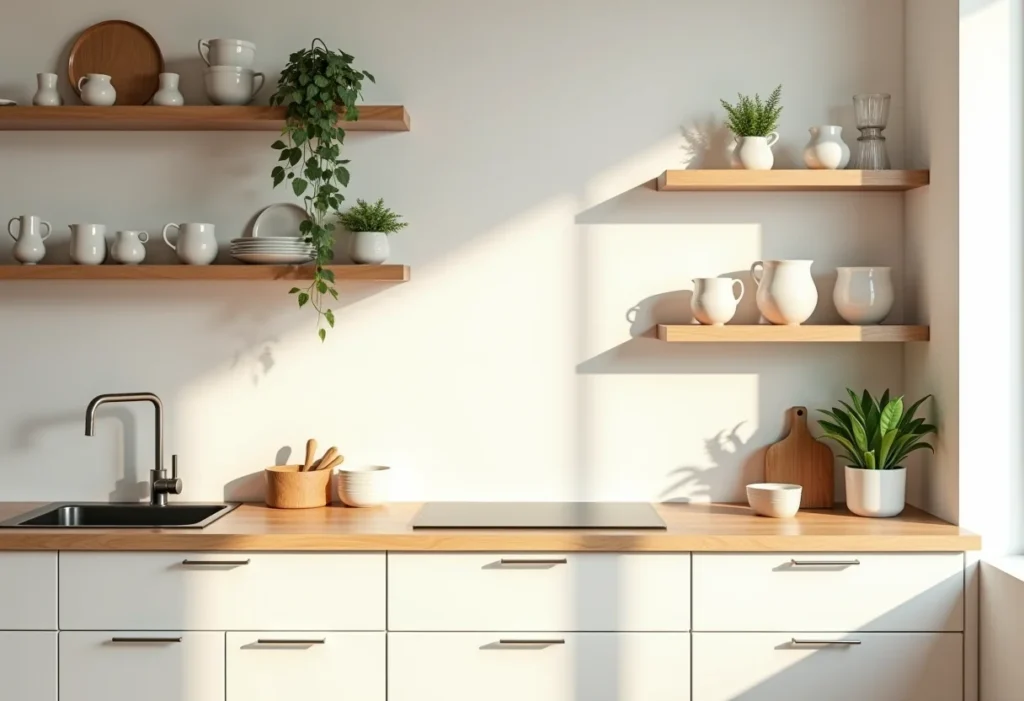 Cozinha com prateleiras de madeira repletas de objetos decorativos e plantas.