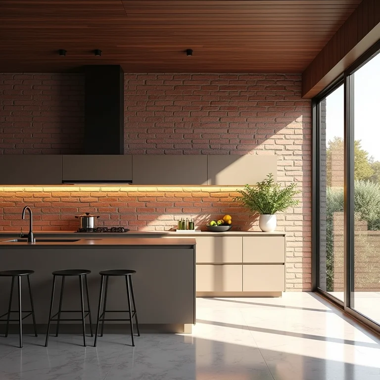 Cozinha com tijolinhos e coifa moderna