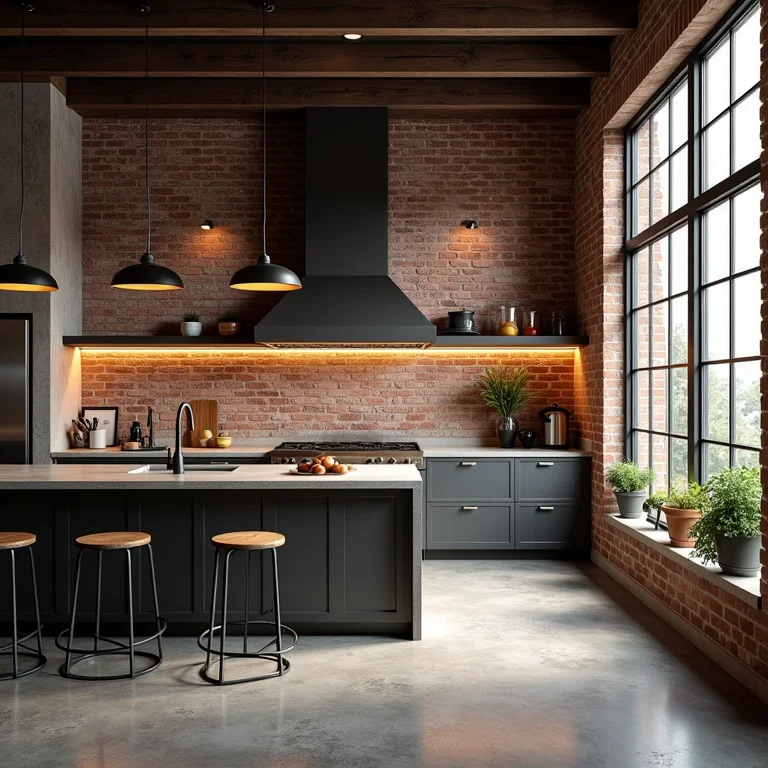 Cozinha em estilo industrial com tijolos aparentes e detalhes em metal