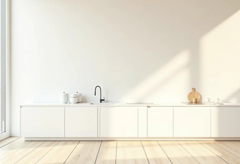 Cozinha planejada branca e madeira com design minimalista