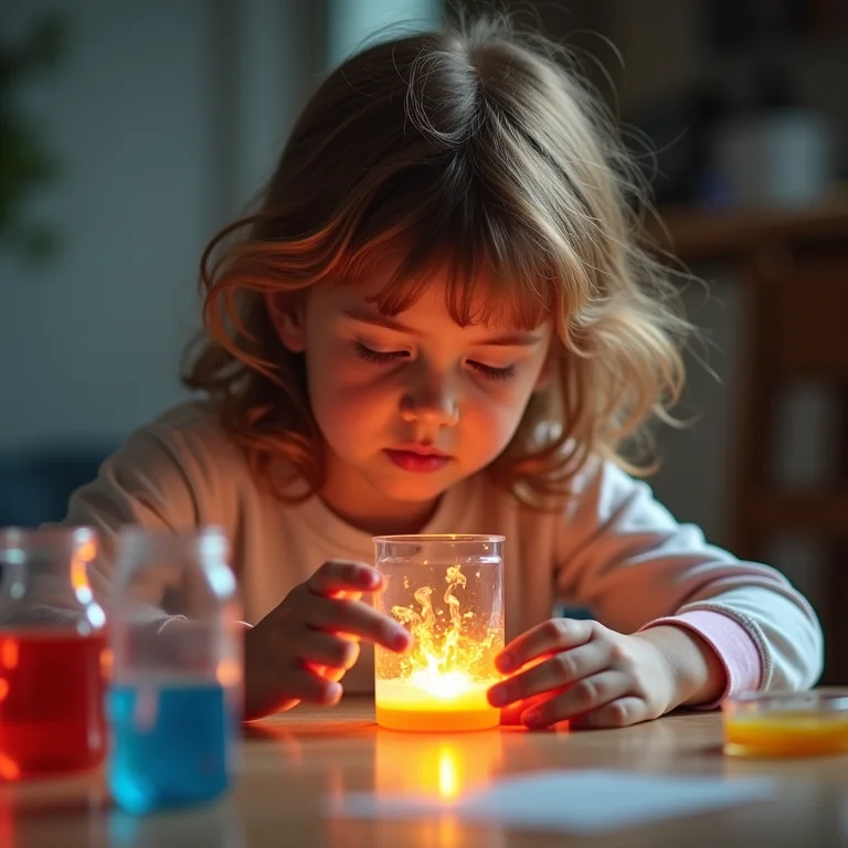 Criança de 6 anos fazendo experimentos com um kit de ciências.