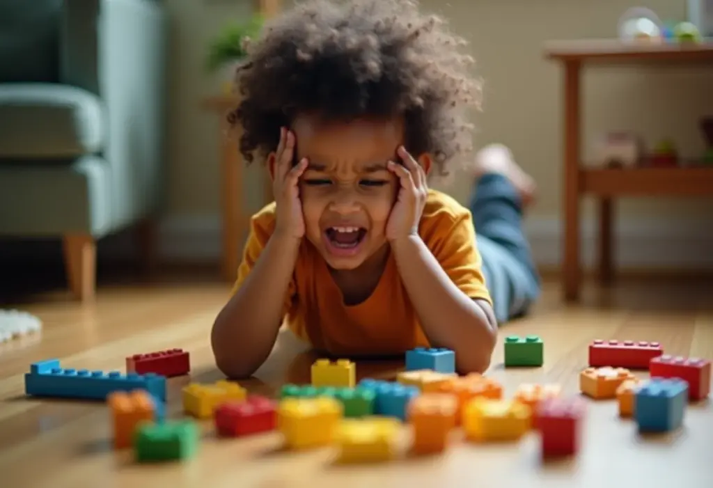 Agressividade infantil aos 4 anos: o que causa e como lidar Criança expressando frustração com blocos de montar.