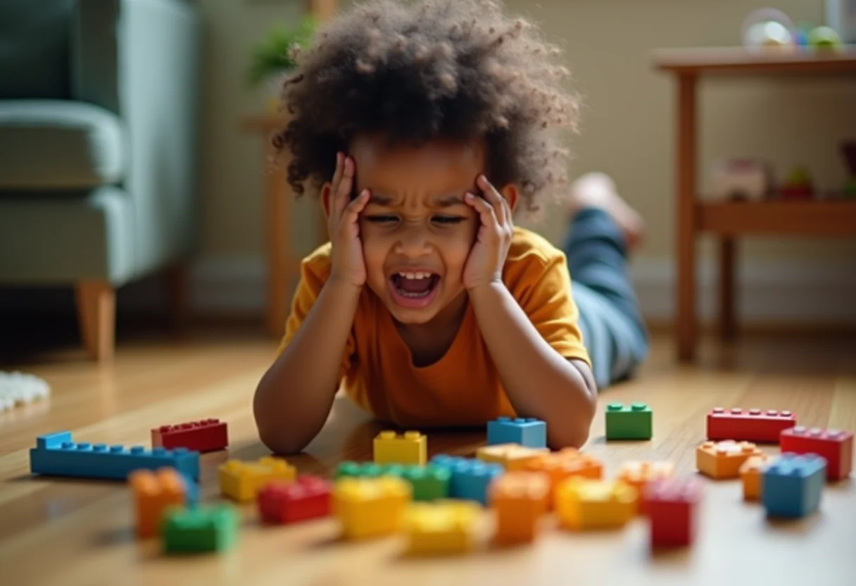 Criança expressando frustração com blocos de montar.