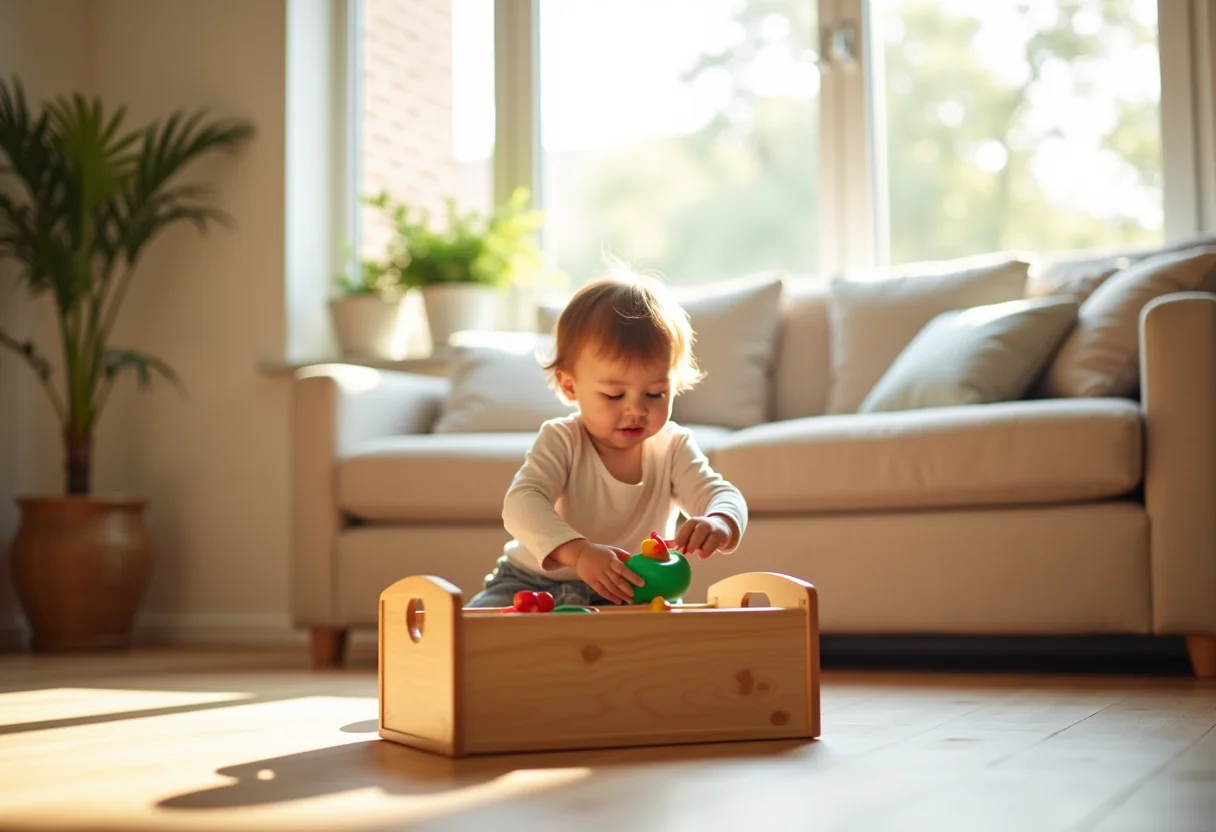Criança guardando brinquedos em casa, incentivando a participação nas tarefas domésticas.
