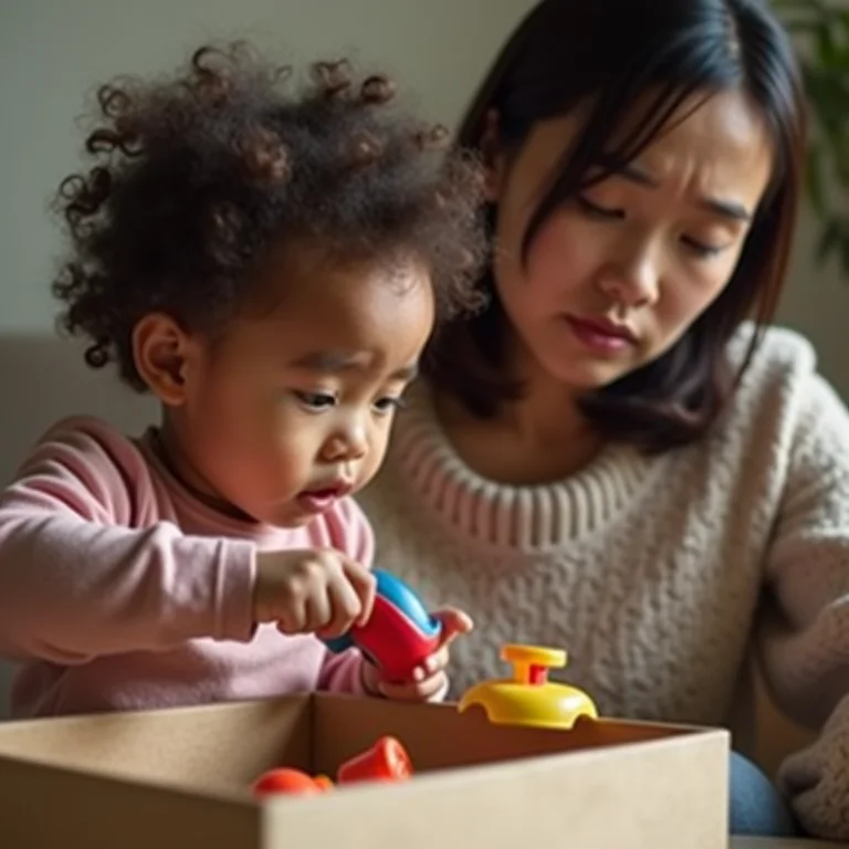 Criança jogando brinquedos para fora da caixa.