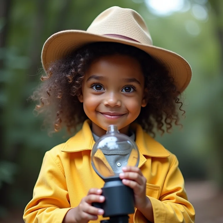 Criança vestida como Luna segurando equipamento científico