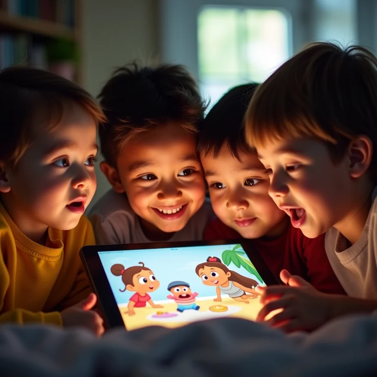 Crianças assistindo desenho animado com expressões de alegria e surpresa