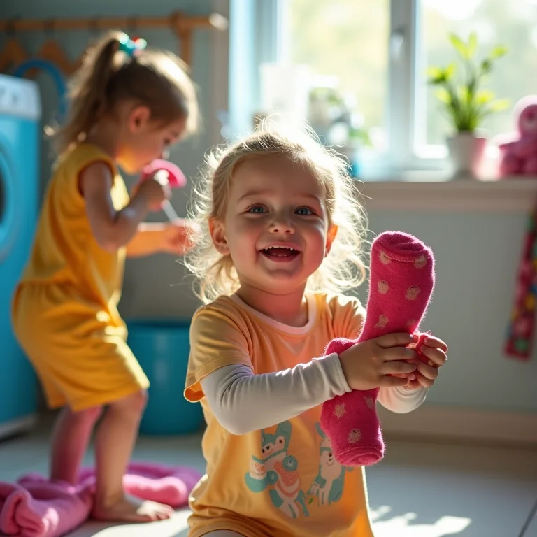 Crianças brincando enquanto separam a roupa suja, transformando tarefas em jogos.