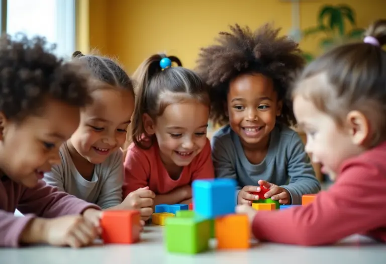Crianças brincando juntas com brinquedos educativos coloridos