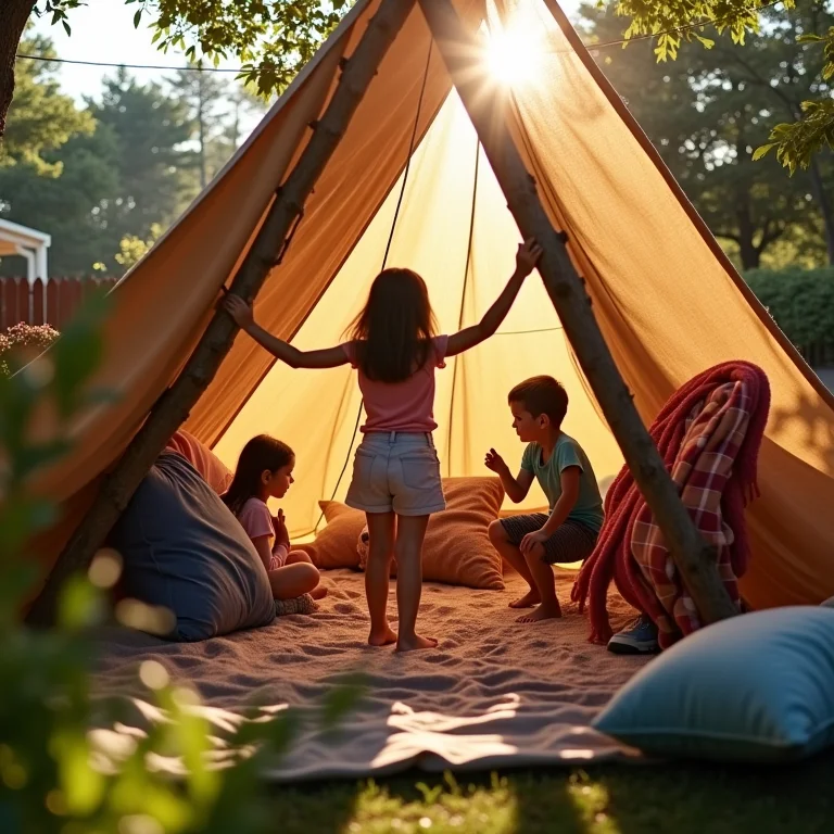 Crianças construindo cabana no quintal com lençóis e almofadas