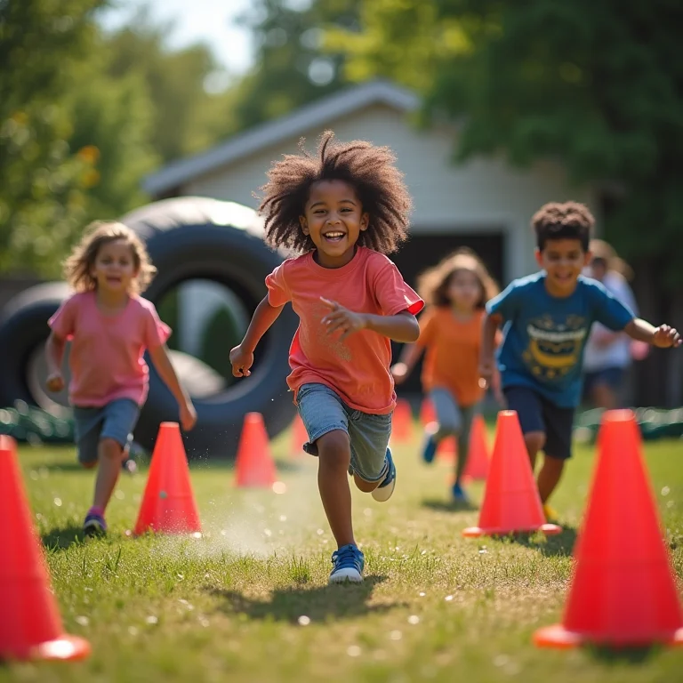 Crianças correndo em circuito de obstáculos no quintal