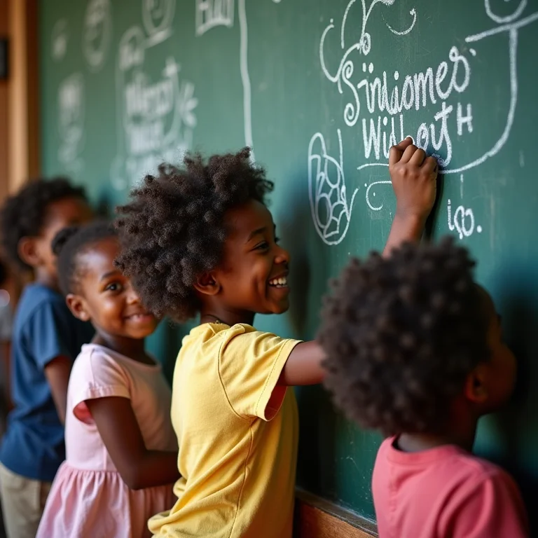 Crianças desenhando juntas em uma parede lousa