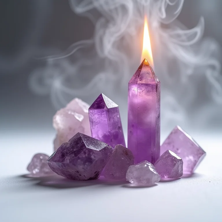 Cristais de ametista e palo santo representando a intuição de Gêmeos