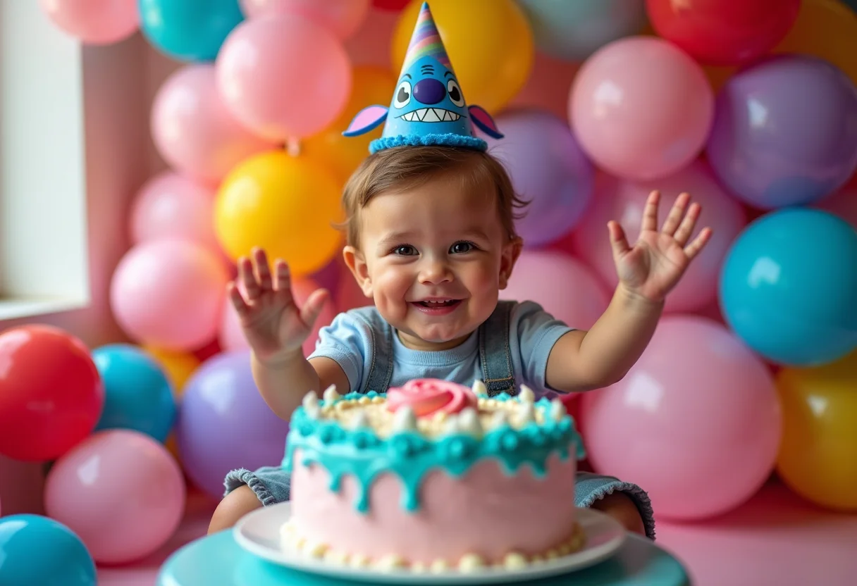 Decoração de festa infantil com tema Stitch.