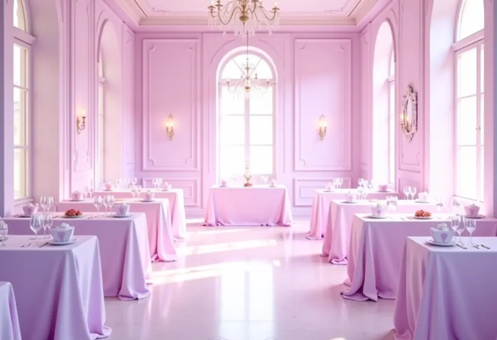 Decoração de festa lilás simples e elegante.