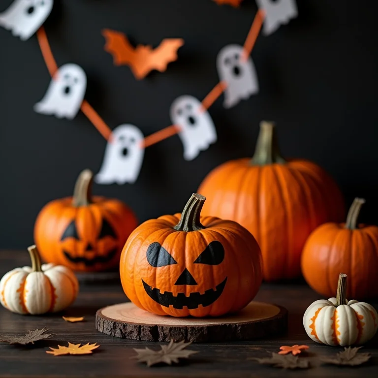 Decorações de Halloween DIY criativas em mesa de madeira