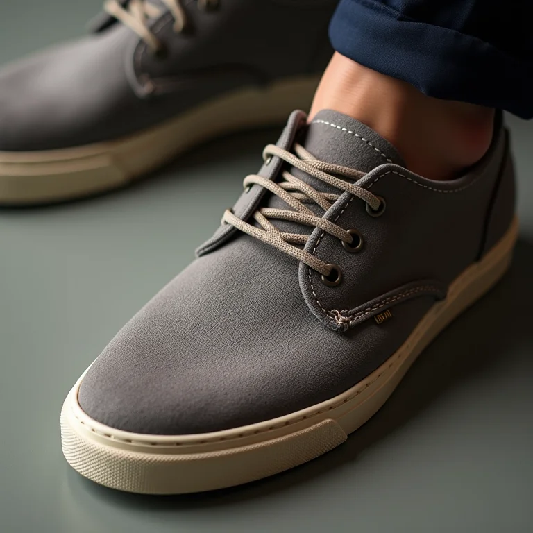 Detalhe da costura e materiais de um sapato casual.