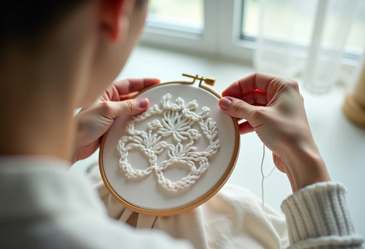 Detalhe das mãos bordando Hardanger em tecido de linho