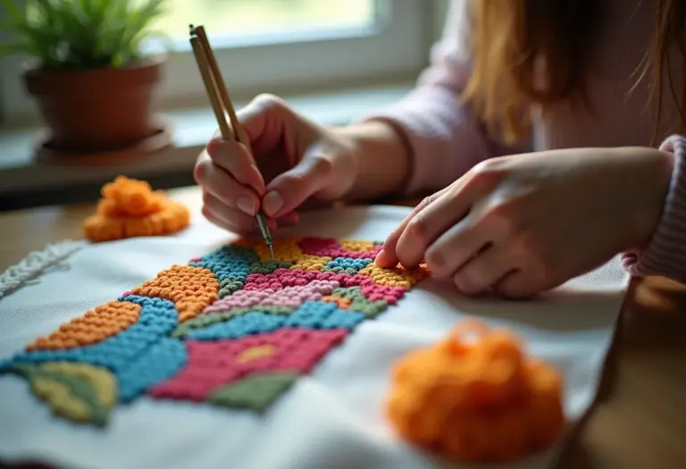 Detalhe das mãos bordando um delicado ponto cruz