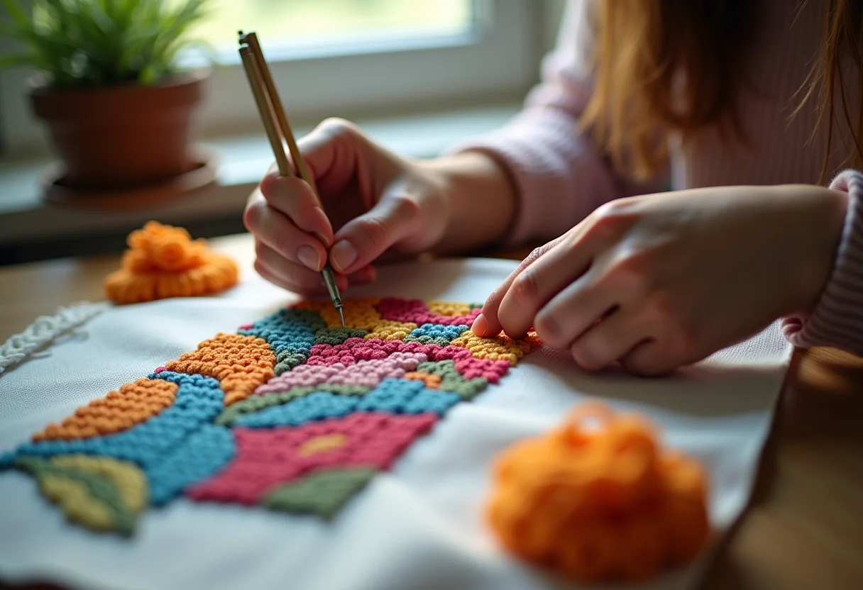 Detalhe das mãos bordando um delicado ponto cruz