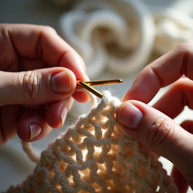 Detalhe de mãos finalizando arremate em peça de crochê