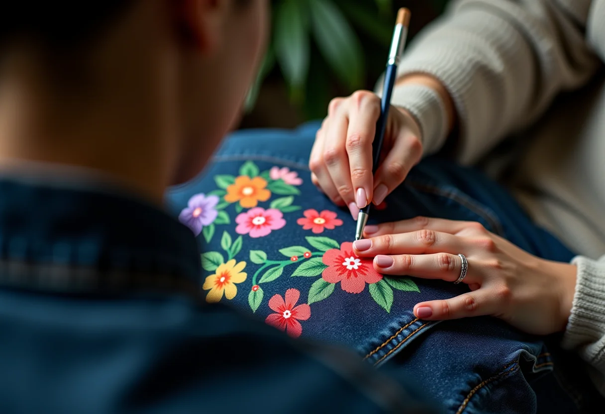 Detalhe de mãos pintando flores coloridas em jaqueta jeans escura
