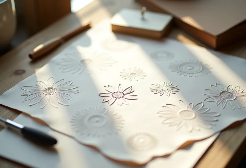 Detalhe de uma folha de papel texturizada com relevo floral, técnica de scrapbooking.