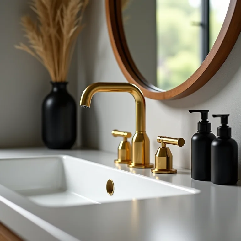 Detalhes em metal e acessórios em um banheiro moderno.