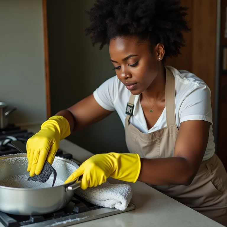 Detergente e palha de aço sendo usados com cuidado para limpar panela