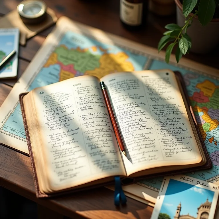 Diário de viagem aberto com mapa e bússola, planejamento de roteiro.