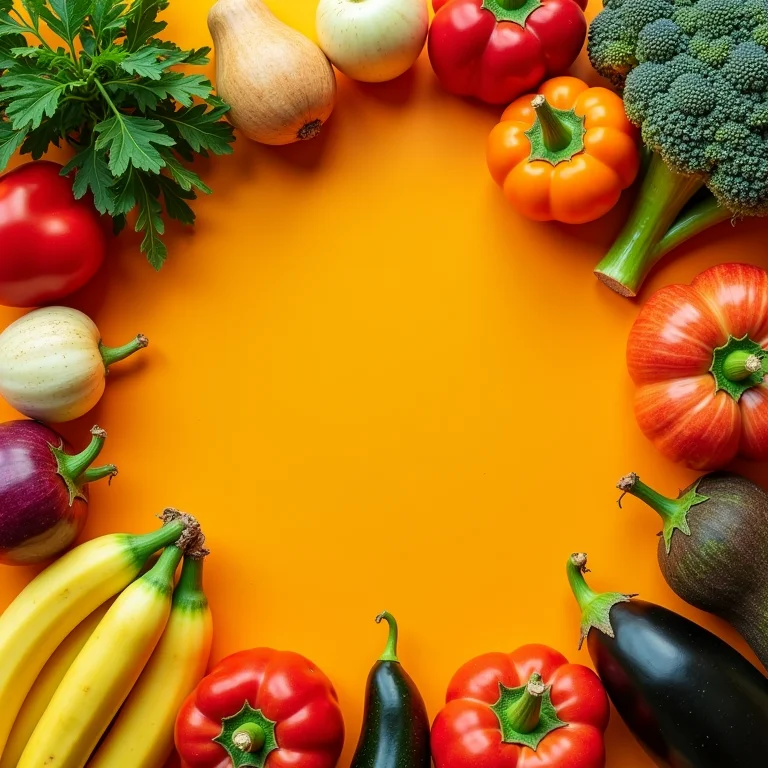 Disposição de frutas e vegetais coloridos.