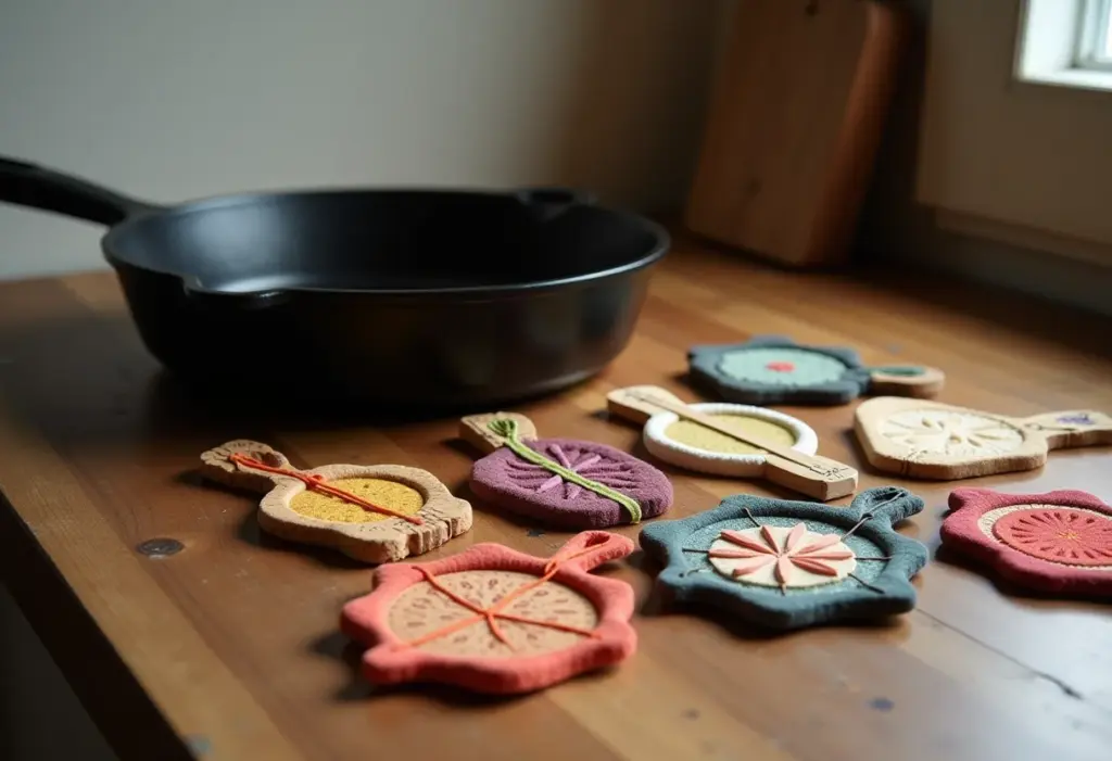 Diversos descansos de panela DIY em balcão de cozinha rústica