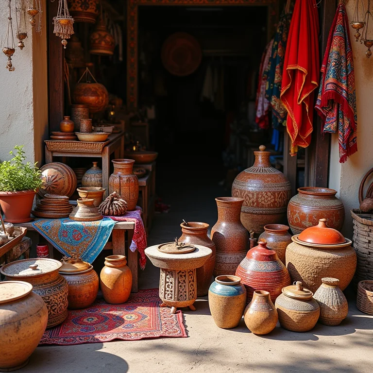 Diversos itens artesanais representando diferentes regiões e culturas em um mercado vibrante.