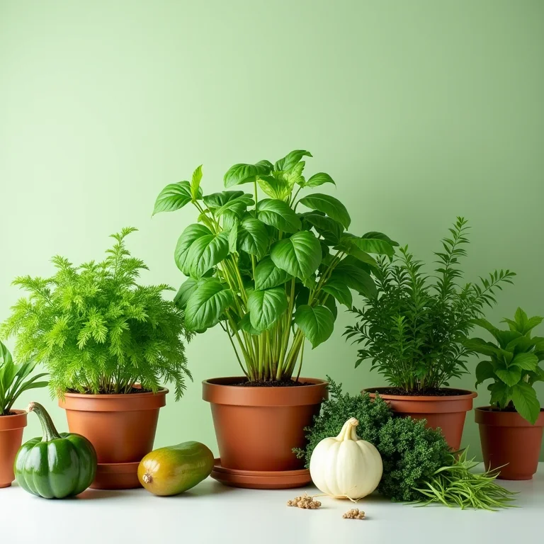 Diversos vasos com ervas e vegetais frescos em close-up.