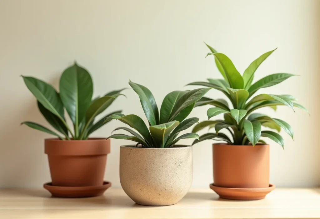 Diversos vasos para plantas em composição minimalista.