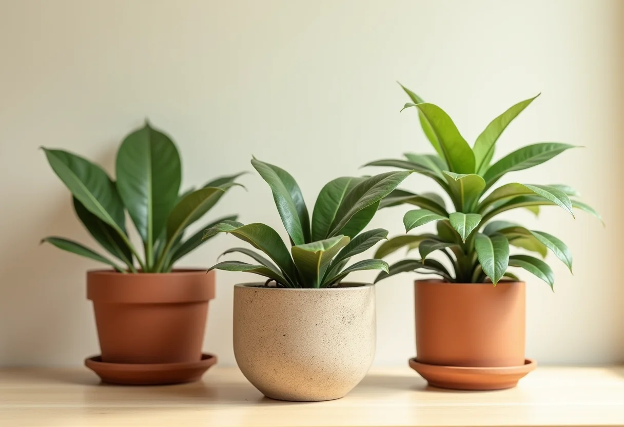 Diversos vasos para plantas em composição minimalista.