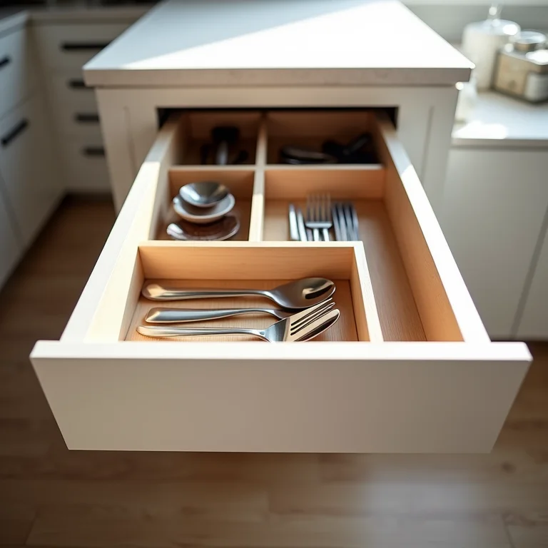 Divisórias e organizadores de gaveta em armário de cozinha.